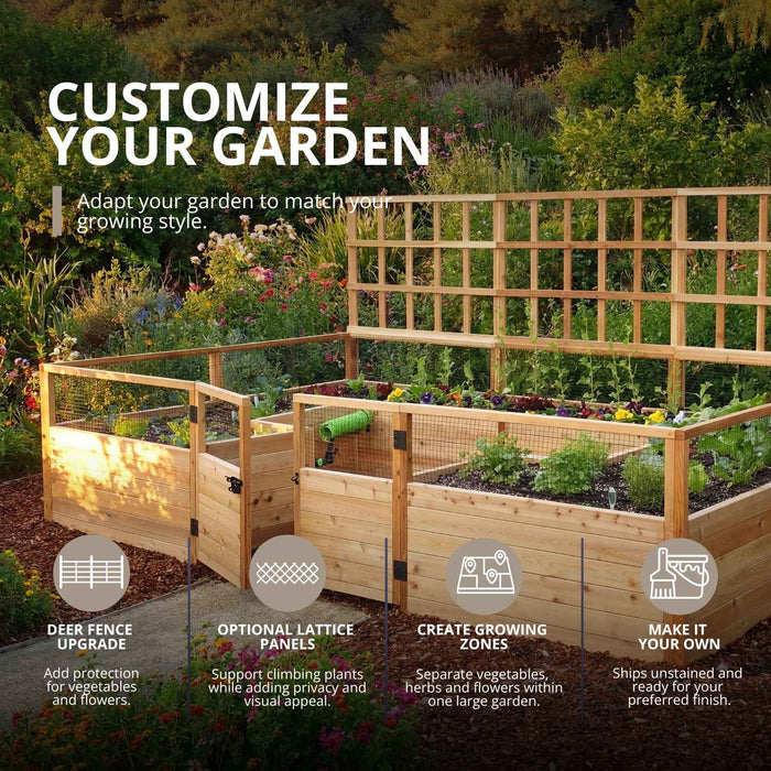 Outdoor Living Today Garden in a Box with Deer Fence customized with cedar lattice trellis panels and separate growing zones for herbs and flowers.