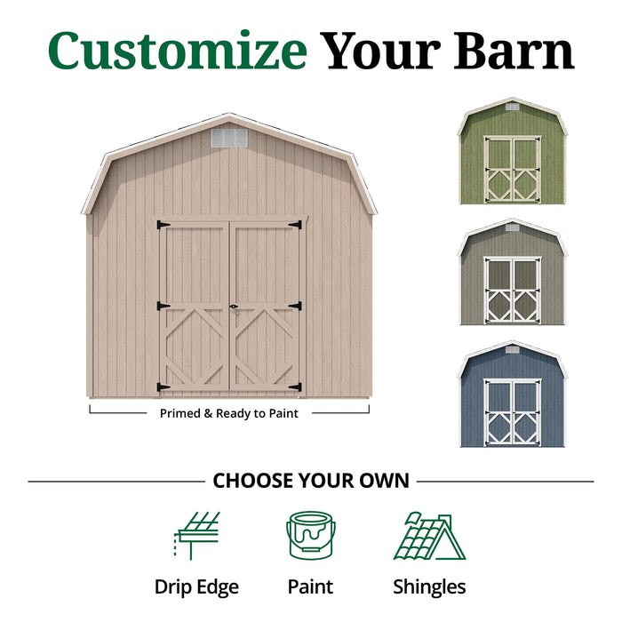 Little Cottage Co. Classic Gambrel 6′ Sidewall Barn shown in multiple color options with customizable features including paint, shingles, and drip edge for a personalized look.