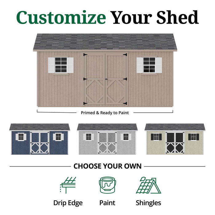 Customization options for Classic Workshop Shed by Little Cottage Co. showing primed exterior, color variations, and choices for drip edge, paint, and shingles.