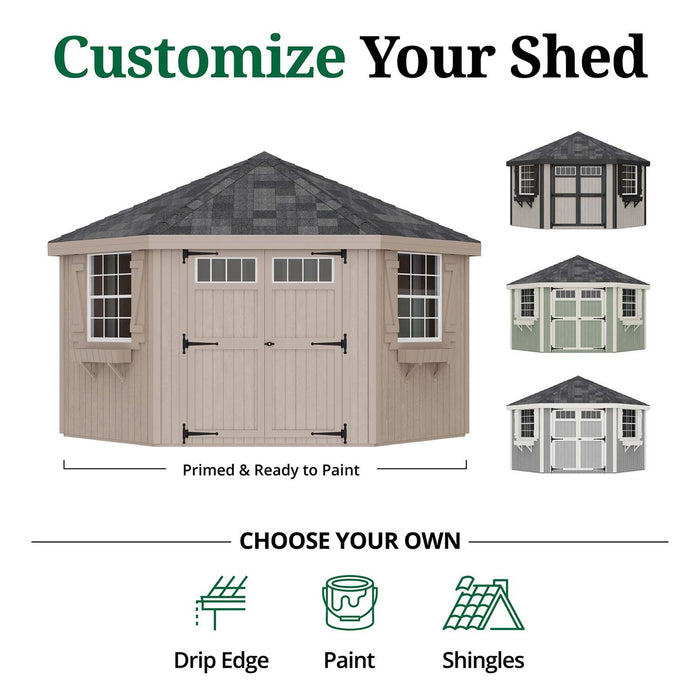 Little Cottage Co. Colonial Five-Corner Shed in beige with examples of different color and trim options for customization.