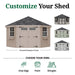 Little Cottage Co. Colonial Five-Corner Shed in beige with examples of different color and trim options for customization.