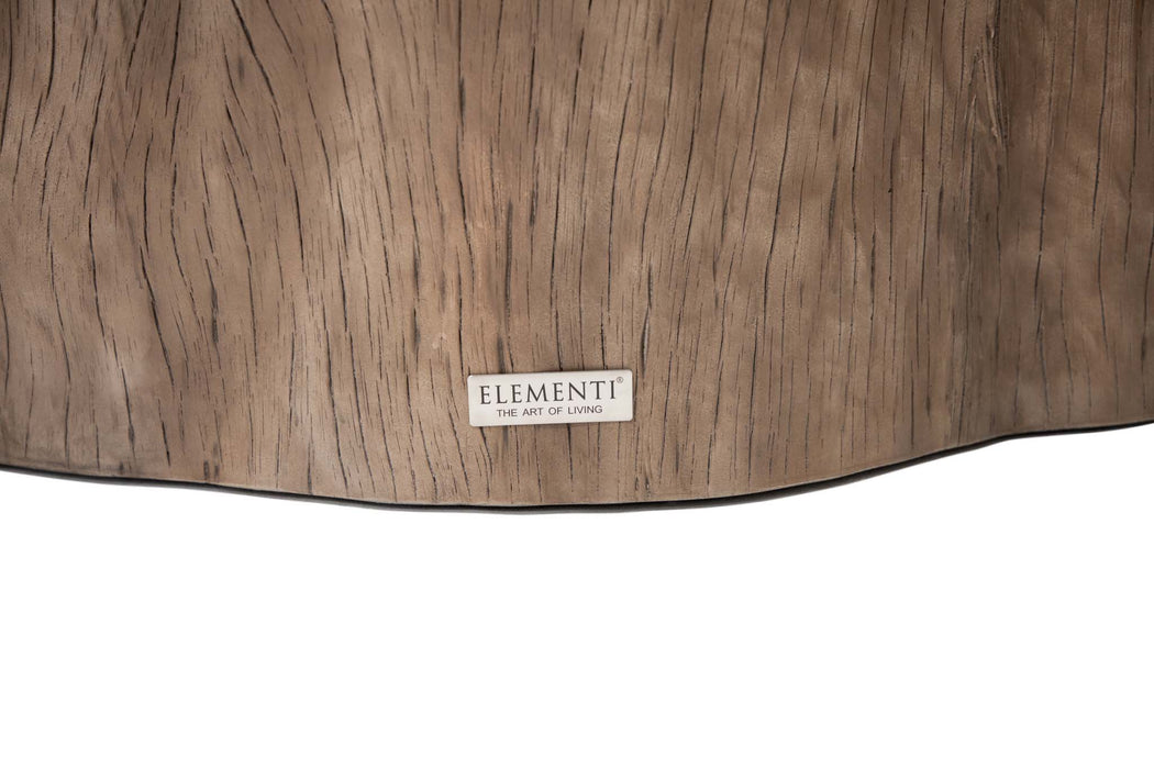 Brand label "Elementi - The Art of Living" on the Elementi Daintree red wood large coffee table.