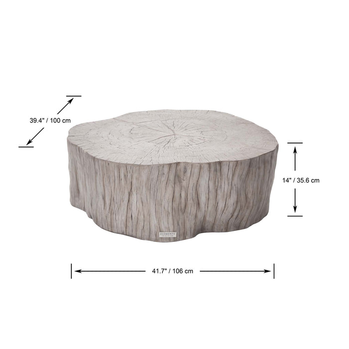 Drift wood version of the Elementi Daintree large coffee table with labeled dimensions, 41.7 inches wide and 14 inches high.