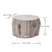 Drift wood version of the Elementi Daintree medium coffee table with labeled dimensions, 27.6 inches wide and 16 inches high.