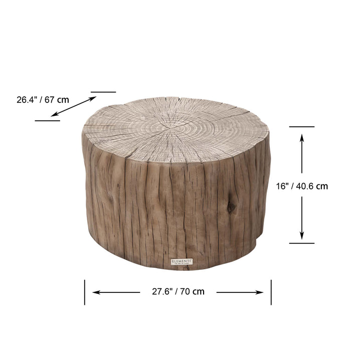 Red wood version of the Elementi Daintree medium coffee table with labeled dimensions, 27.6 inches wide and 16 inches high.