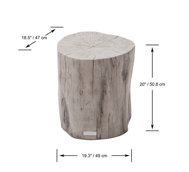 Drift wood version of the Elementi Daintree side table with labeled dimensions, 19.3 inches wide and 20 inches high.