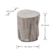 Drift wood version of the Elementi Daintree side table with labeled dimensions, 19.3 inches wide and 20 inches high.