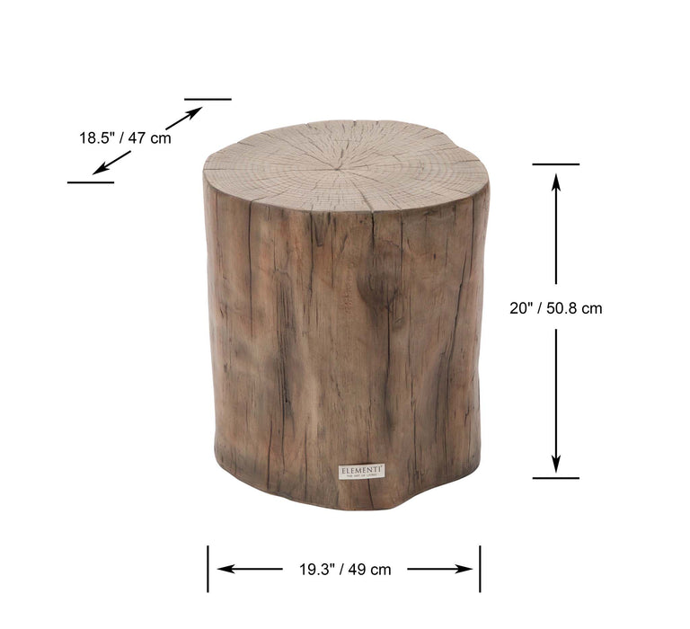 Red wood version of the Elementi Daintree side table with labeled dimensions, 19.3 inches wide and 20 inches high.