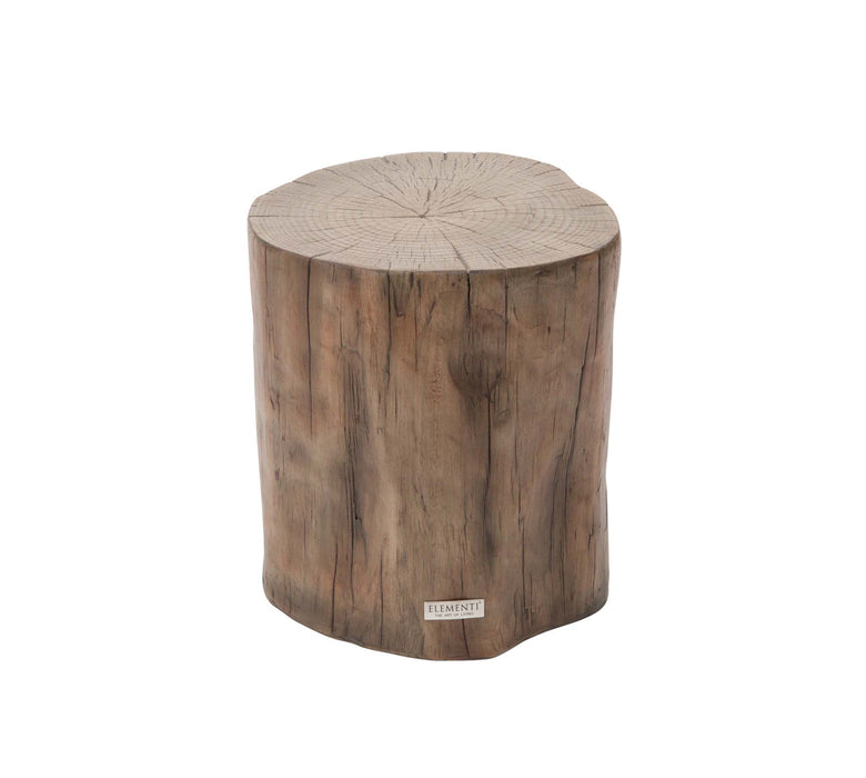 Front view of the Elementi Daintree red wood side table showcasing its natural wood-like texture and cylindrical design.