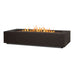 Real Flame Aegean 70" rectangular propane fire pit table in dark bronze finish with lava rocks and tall flames, angled product view on white
