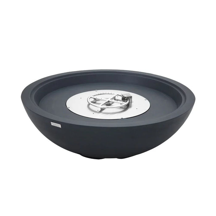 A round dark gray concrete fire bowl is shown empty of lava rock on a plain white background, revealing its circular stainless steel burner ring and pan at the center of the smooth, matte charcoal-colored basin interior.