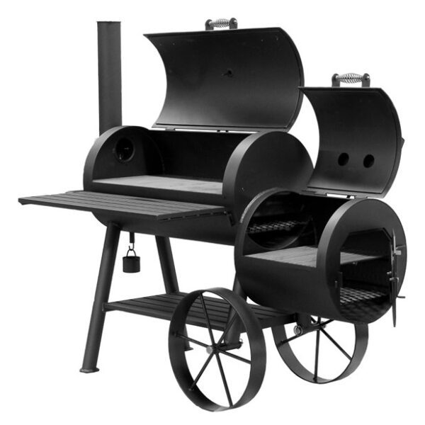 Front view of the fully assembled Sunterra 18" Denali Outdoor BBQ Smoker, showing the firebox, grill area, and side grill.
