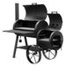 Front view of the fully assembled Sunterra 18" Denali Outdoor BBQ Smoker, showing the firebox, grill area, and side grill.
