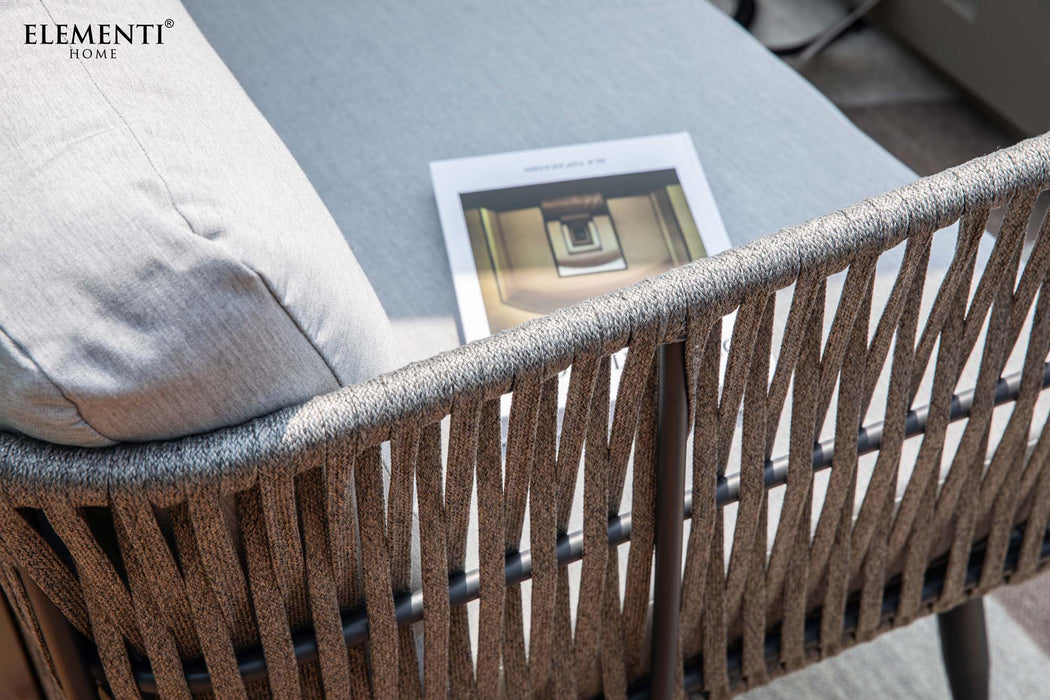 A detailed close-up shot of the grey rope weave design on the back of a piece of furniture from the Elementi Milano Collection.