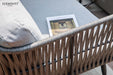 A detailed close-up shot of the grey rope weave design on the back of a piece of furniture from the Elementi Milano Collection.