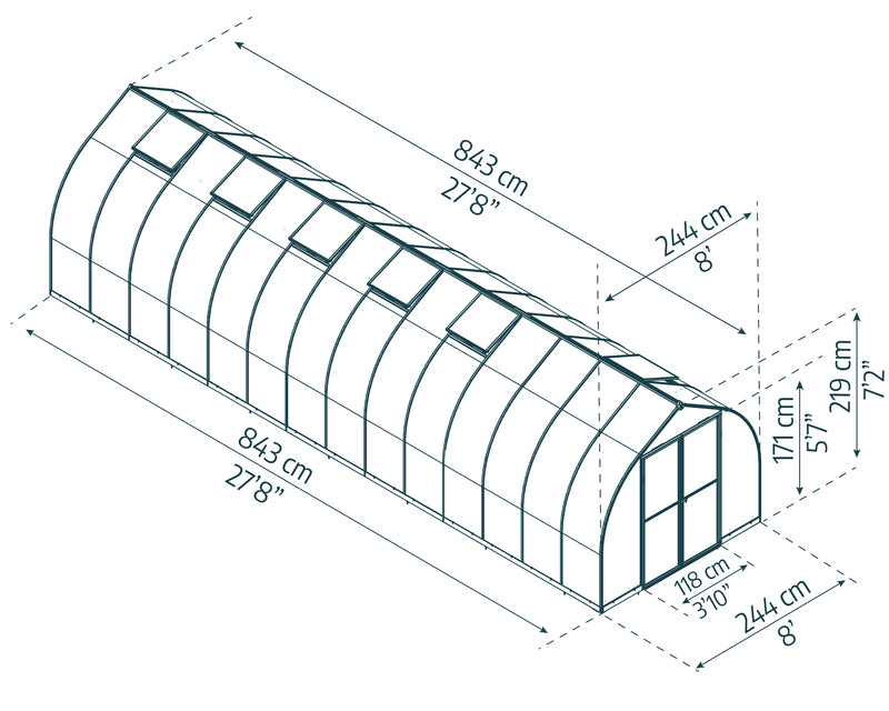 Diagram displaying the detailed dimensions of the Canopia Bella 8' x 28' Greenhouse