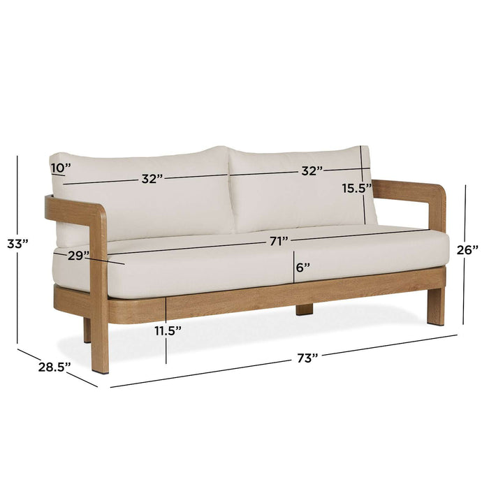 Diagram of the Real Flame Arlo Outdoor Seat Sofa with Cushions showing measurements including height, depth, width, and cushion thickness.