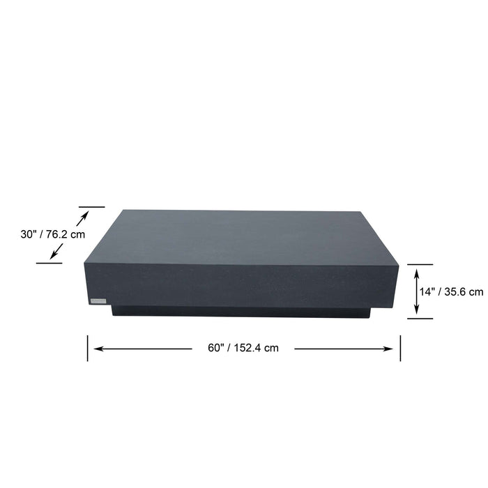 A diagram detailing the dimensions of the Elementi Tevere Series Rectangle Large Coffee Table in Slate Black, showing its length, width, and height.