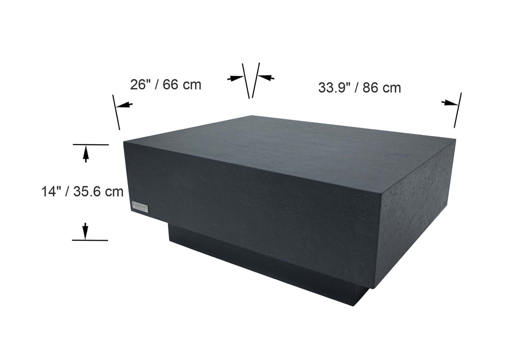 A dimension guide for the Elementi Tevere Series Rectangle Medium Coffee Table in Slate Black, providing measurements for the table’s size