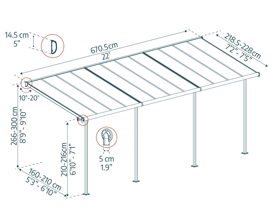 Detailed dimensions diagram for Canopia Sierra 7.5' x 22' Patio Cover - White/Clear, including height, width, and adjustable poles information.