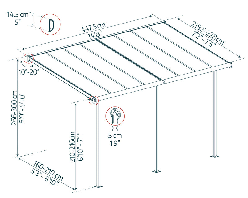 Detailed dimensions diagram for Canopia Sierra 7.5' x 15' Patio Cover - including height, width, and adjustable poles information.