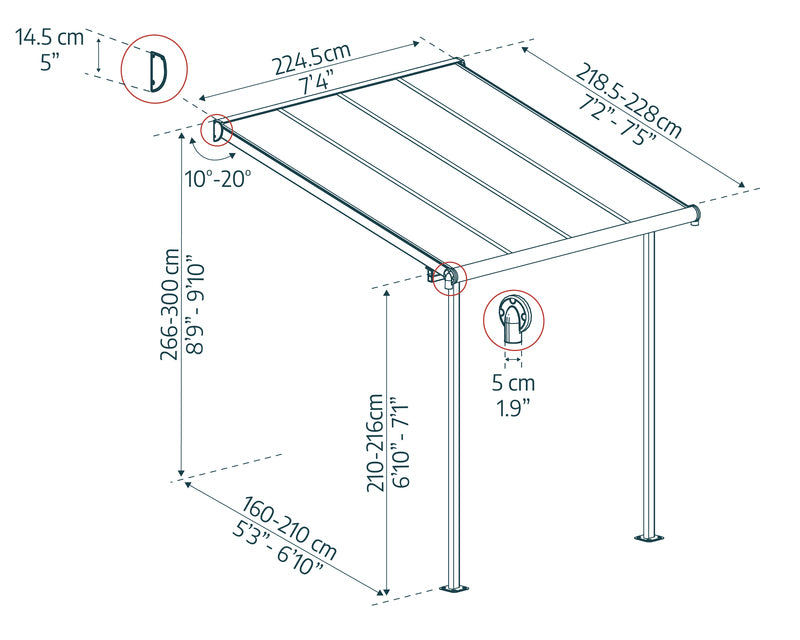 Detailed dimensions diagram for Canopia Sierra 7.5' x 7.5' Patio Cover - Grey/Clear, including height, width, and adjustable poles information.