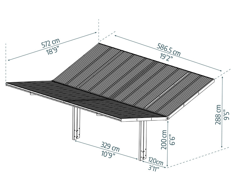 Diagram showing dimensions of Canopia Sydney Wave Double Carport, wing-style structure.