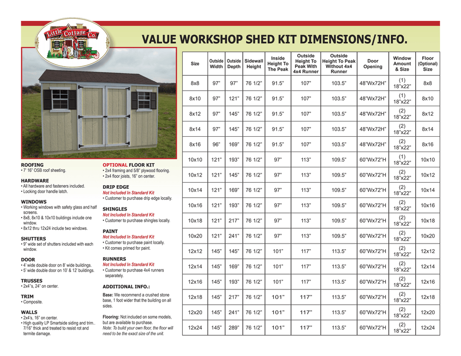 A comprehensive dimensions chart for  the Workshop Value Shed by  Little Cottage Company.