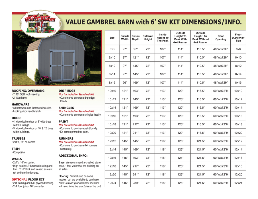 A comprehensive dimensions chart for Little Cottage Company Value Gambrel Barn