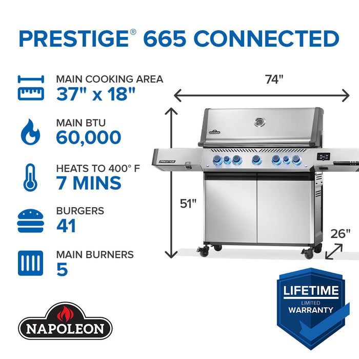 Size, BTU, and burger capacity chart for Napoleon Grills Prestige® 665 RSIB Connected model with grill image