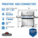 Size, BTU, and burger capacity chart for Napoleon Grills Prestige® 665 RSIB Connected model with grill image