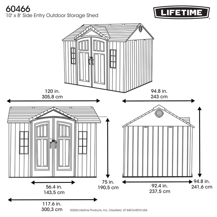 Dimension diagram of the Lifetime Shed Classic 10 x 8 with front, side, and top views.