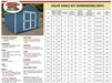 Specification sheet for the Little Cottage Company Gable Value Shed with Floor Kit, detailing dimensions and additional information.