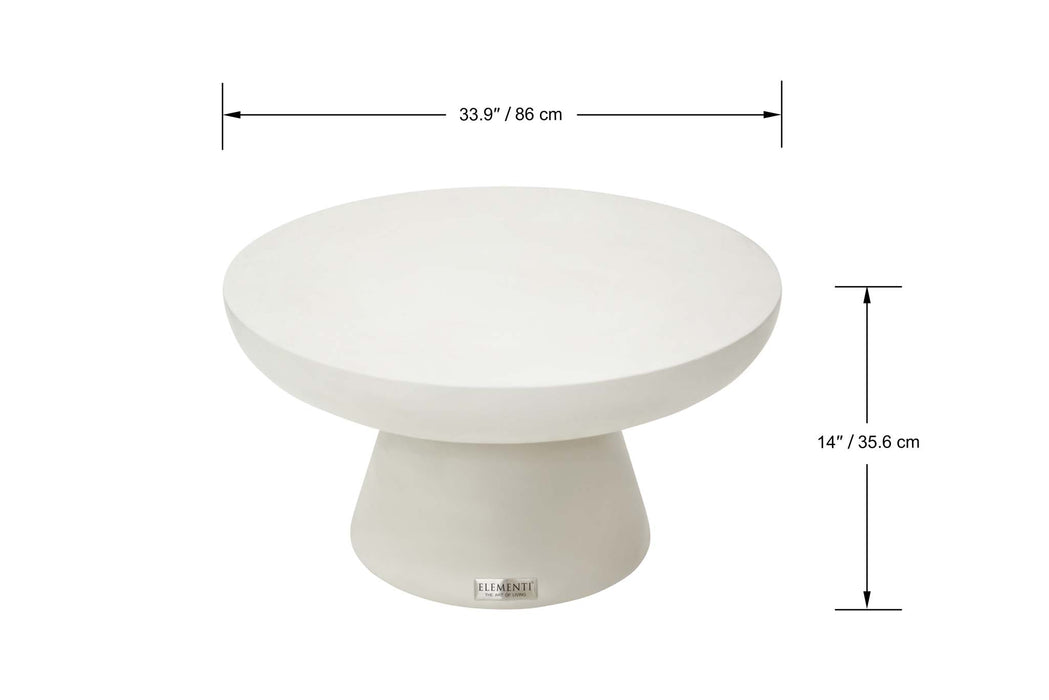 Top view of Elementi Kylix Series medium coffee table with dimensions labeled, highlighting its round shape and size.