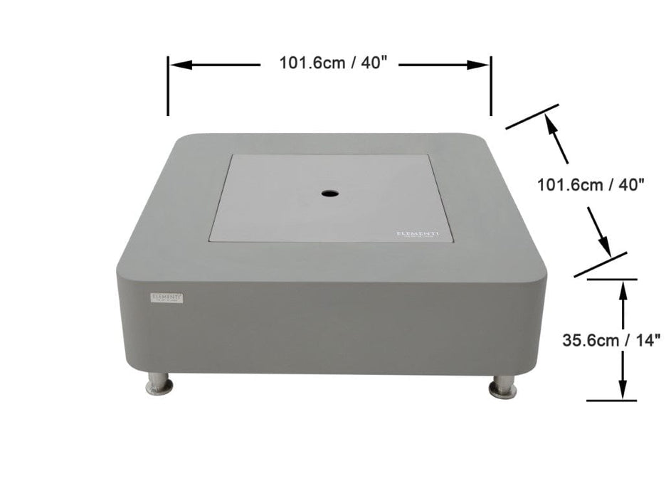 Dimensions view of the Elementi Perth Ethanol Fire Table in space grey with size markers in inches and cm