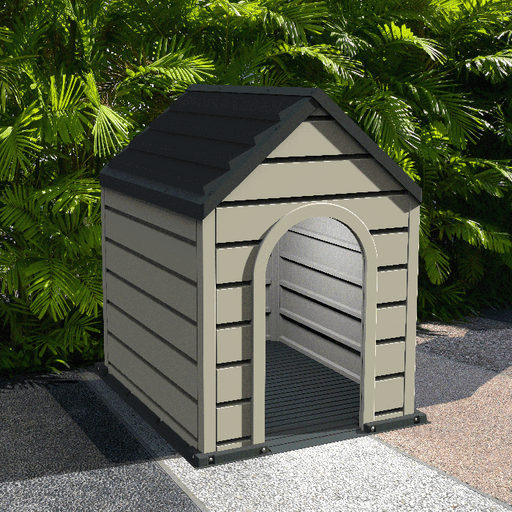 3D rendering of the Duramax Outdoor Pet Kennel placed outdoors with a lush green garden in the background.