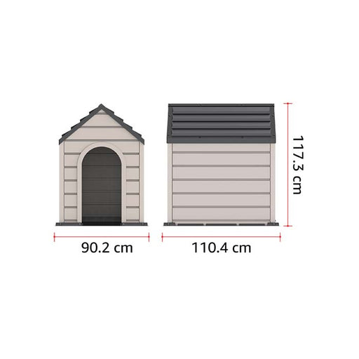 Dimension specifications of the Duramax Outdoor Pet Kennel with width, height, and depth measurements.