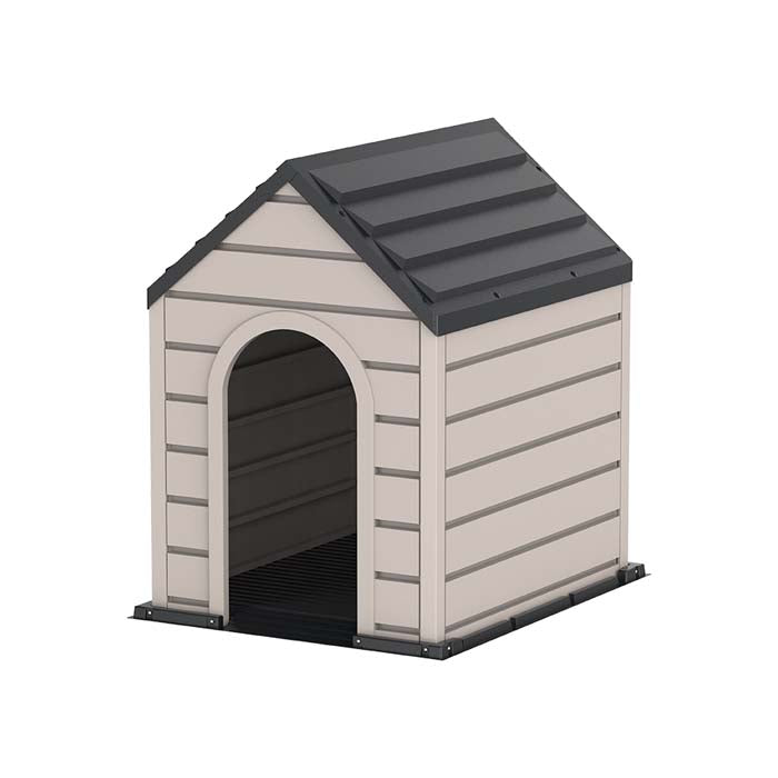 Isometric view of the Duramax Pet Kennel showing the slanted roof and side panels.