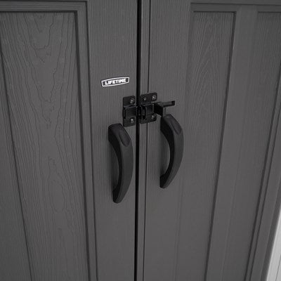 Close-up of the door handles and lock mechanism of the Lifetime Shed Classic 10 x 8, highlighting the durable construction.