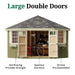 Front view of the Little Cottage Co. shed showing open double doors with measurements and a bicycle inside.