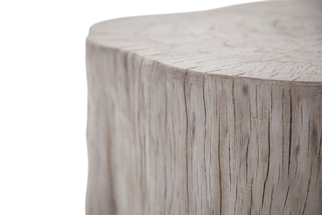 Close-up of the edge of the Elementi Daintree drift wood large coffee table highlighting the detailed wood grain texture.