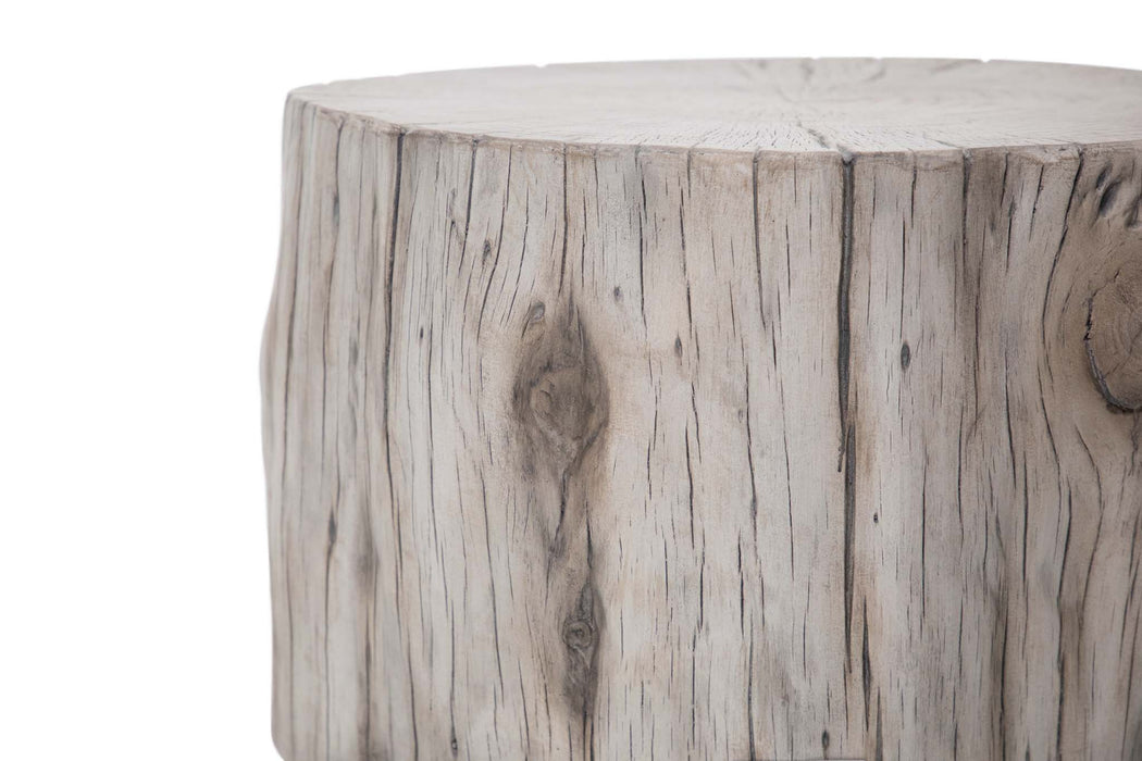 Close-up of the edge of the Elementi Daintree medium driftwood coffee table showing its realistic wood knots and grain details.