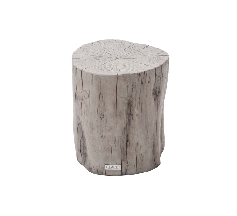 Front view of the Elementi Daintree driftwood side table showcasing its natural wood-like texture and cylindrical shape.