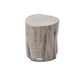 Front view of the Elementi Daintree driftwood side table showcasing its natural wood-like texture and cylindrical shape.