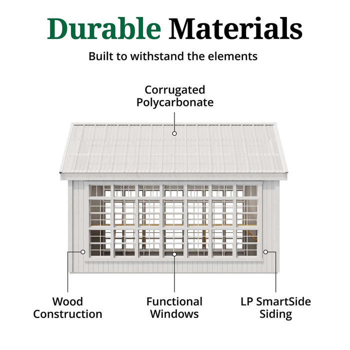 Side view of Colonial Gable Greenhouse by Little Cottage Co. highlighting corrugated polycarbonate roof, LP SmartSide siding, and wood construction.