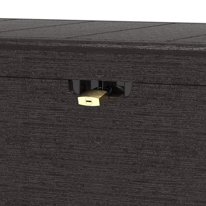 Close-up of the lock feature on a Duramax 270 Liter Outdoor Storage Box in Brown.