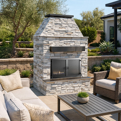 Cal Flame Platinum Durango outdoor fireplace installed with stacked stone and screen doors in a patio setting.