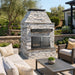 Cal Flame Platinum Durango outdoor fireplace installed with stacked stone and screen doors in a patio setting.
