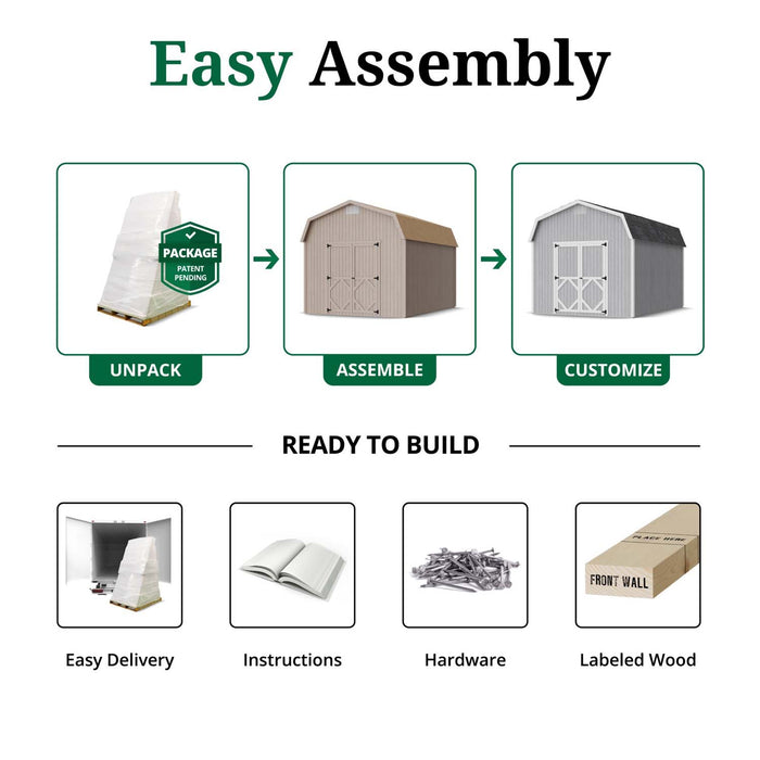 Step-by-step guide showing how to unpack, assemble, and customize the Little Cottage Co. Classic Gambrel 6′ Sidewall Barn kit, including labeled wood, hardware, and instructions for easy assembly.