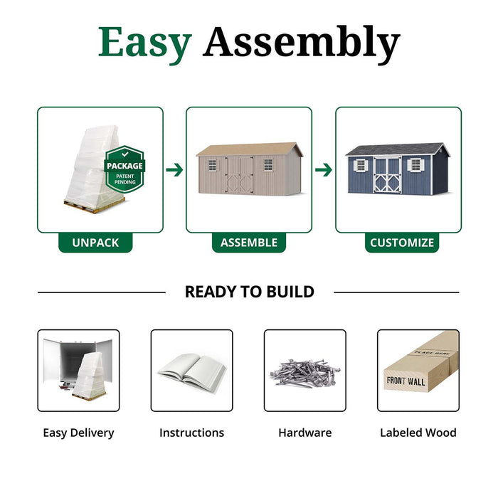 Step-by-step assembly visual for Classic Workshop Shed by Little Cottage Co. showing unpacking, building, and customization with labeled wood, hardware, and manual.